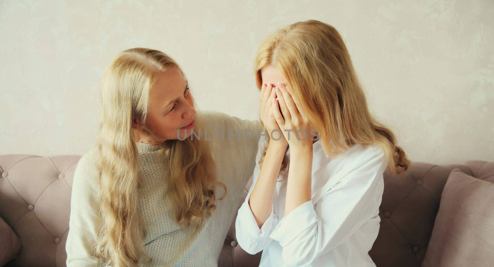 Upset offended caucasian middle aged mother or sister and adult daughter together sitting on couch at home