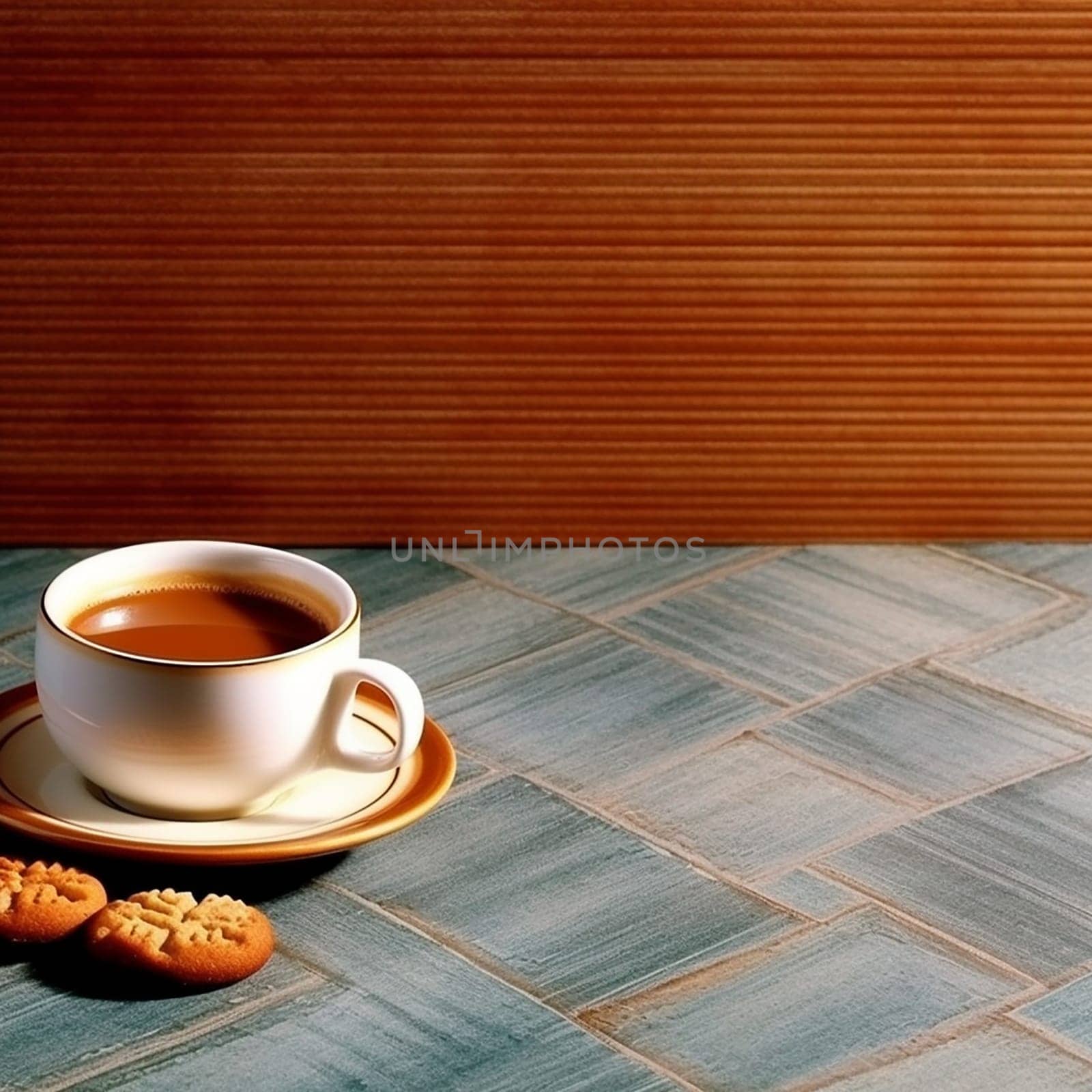 A cup of tea with biscuits on a tabletop.