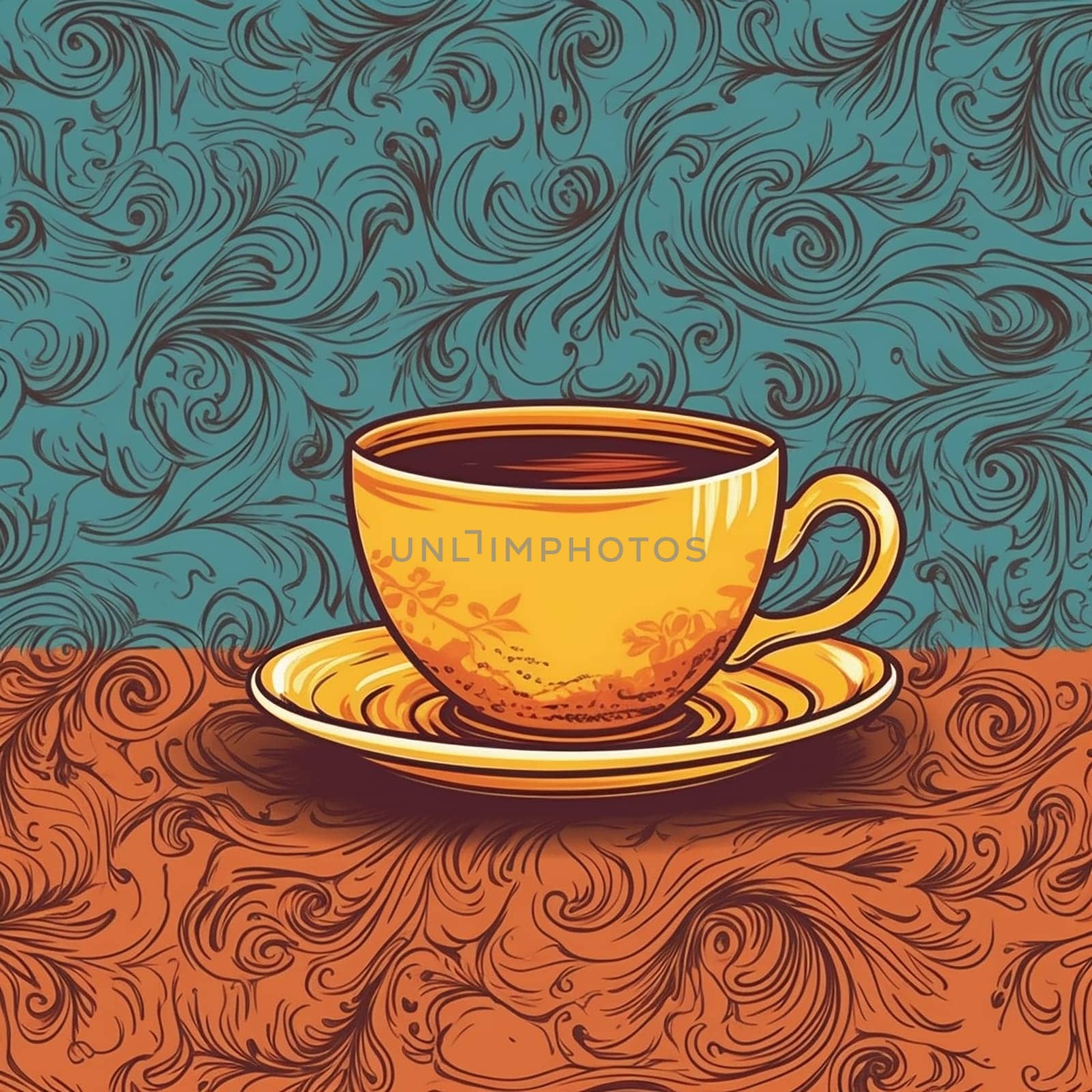 Stylized illustration of a steaming coffee cup on a patterned background.