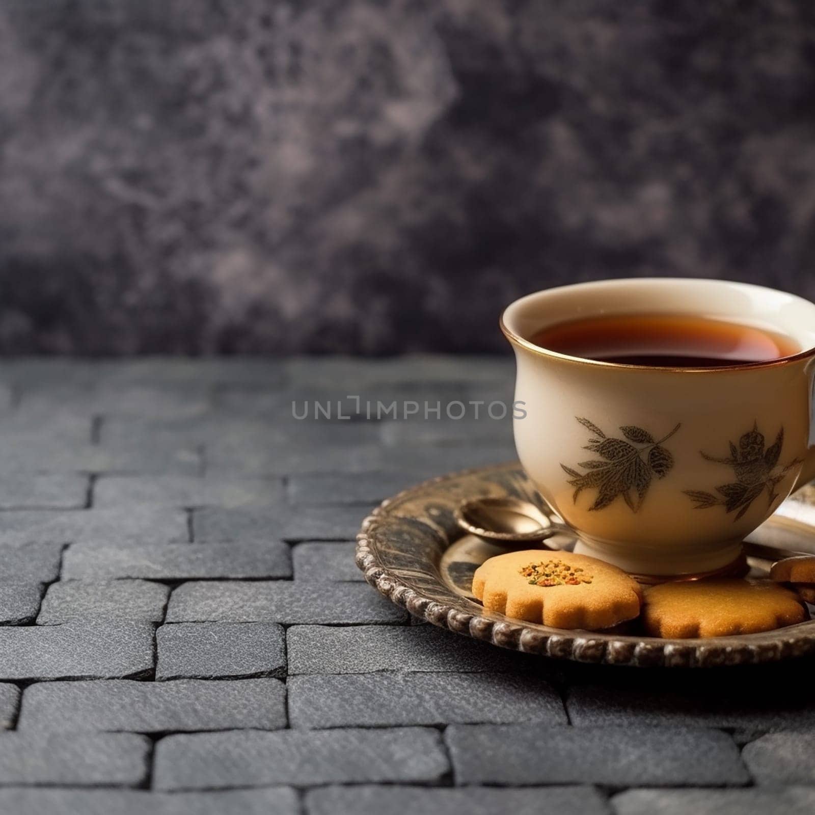 A cup of tea with biscuits on a dark textured background.