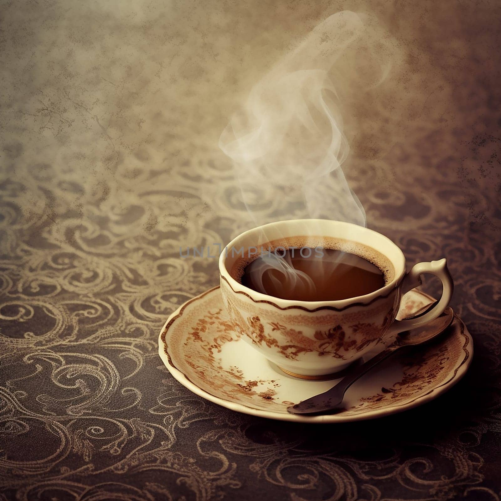 Steaming hot coffee in a vintage patterned cup on a textured background.