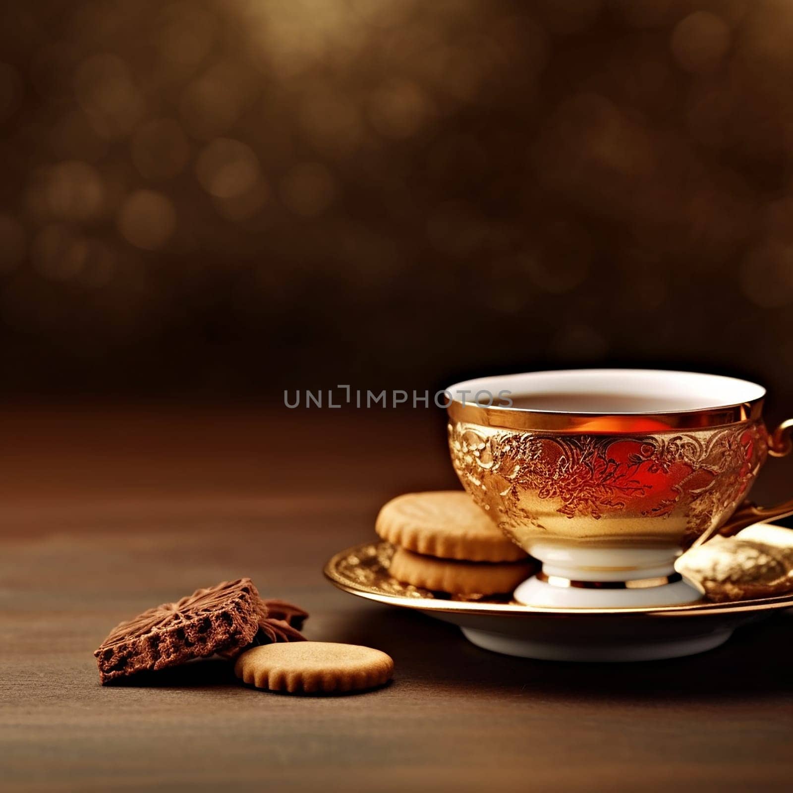 Elegant tea cup with saucer and cookies on a wooden surface, golden bokeh background.