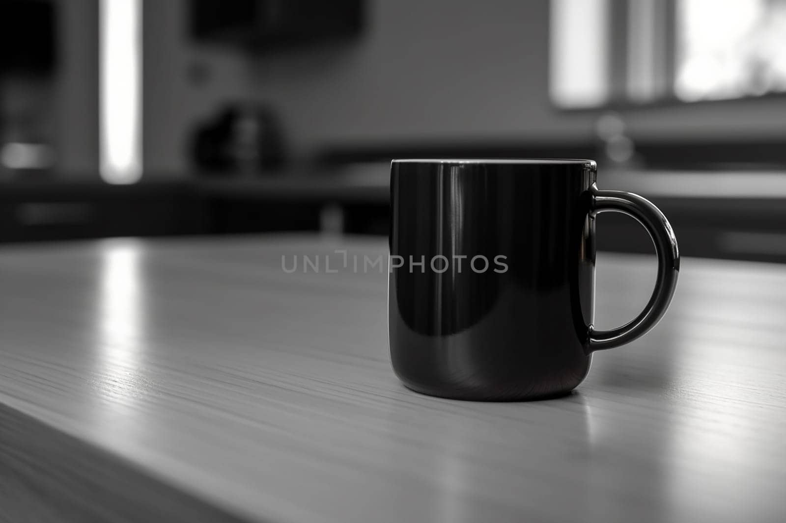 Black mug on a wooden table with blurred background.