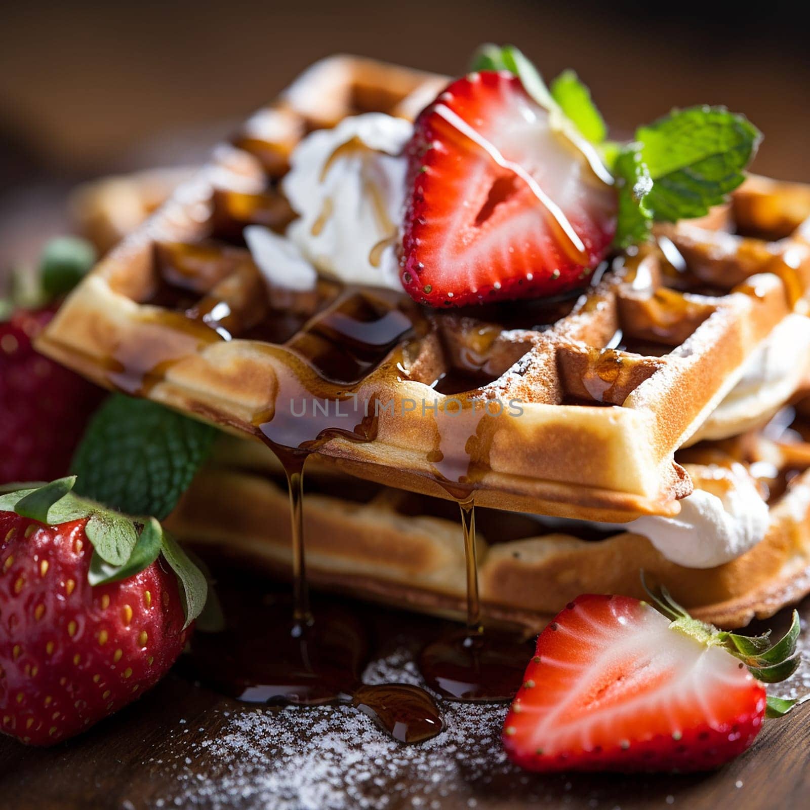 Stack of waffles drizzled with chocolate syrup and strawberries topping with vanilla ice cream