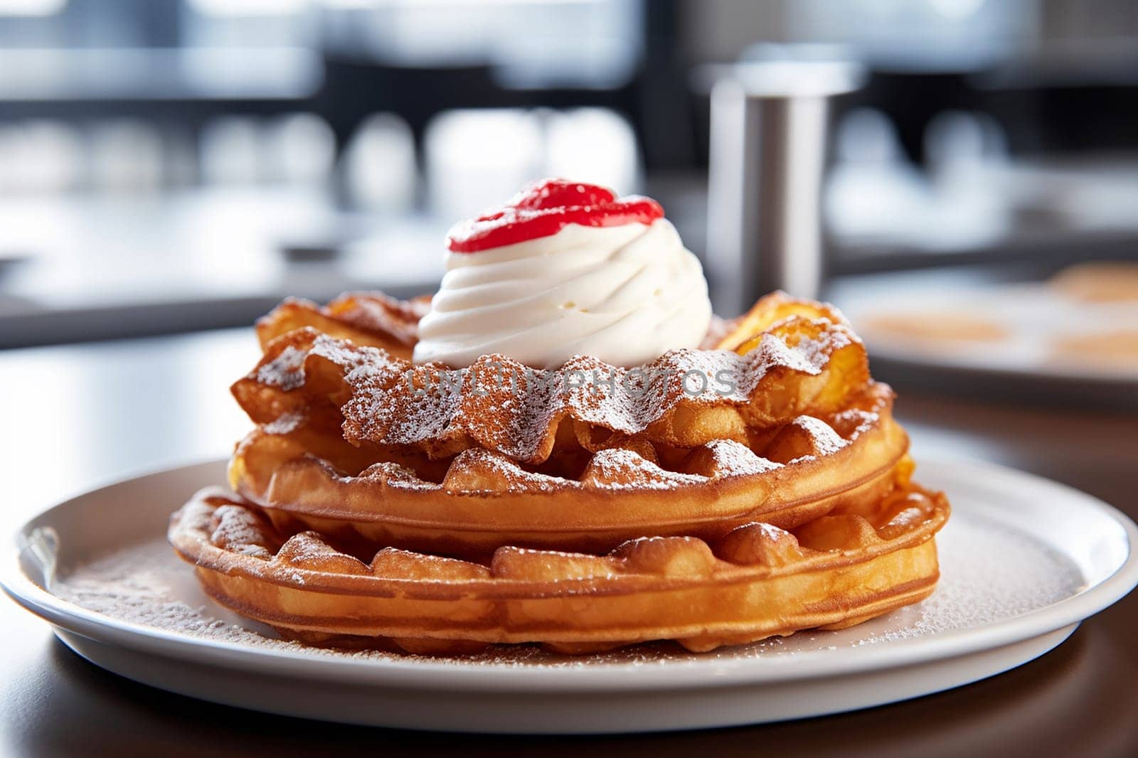 Stack of waffles drizzled with chocolate syrup and strawberries topping with vanilla ice cream