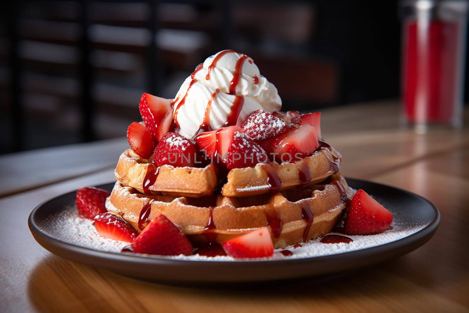 Stack of waffles drizzled with chocolate syrup and strawberries topping with vanilla ice cream