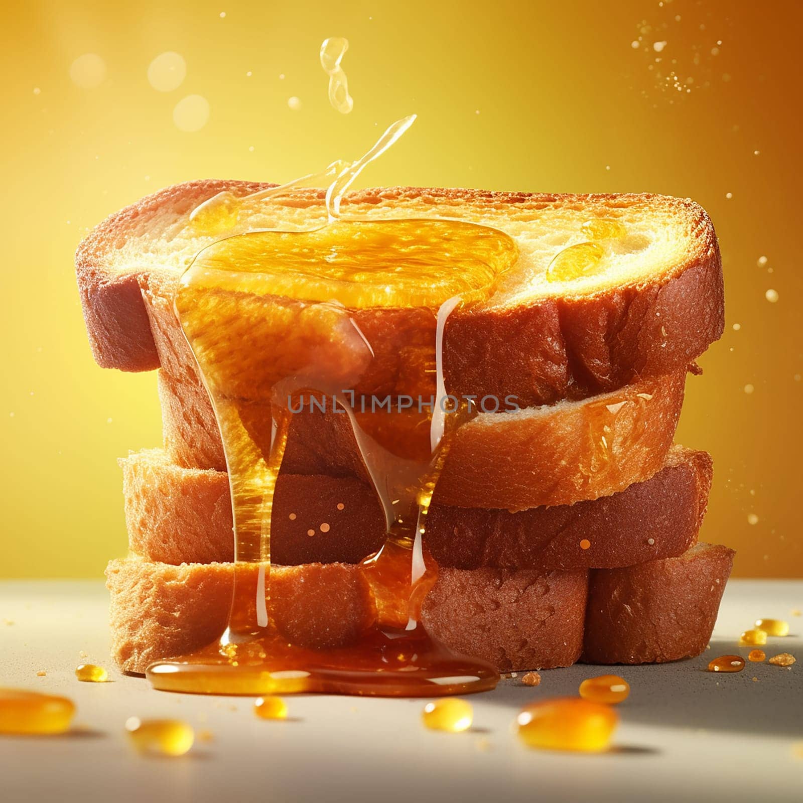 Golden honey drizzling on a stack of toast against a yellow background.