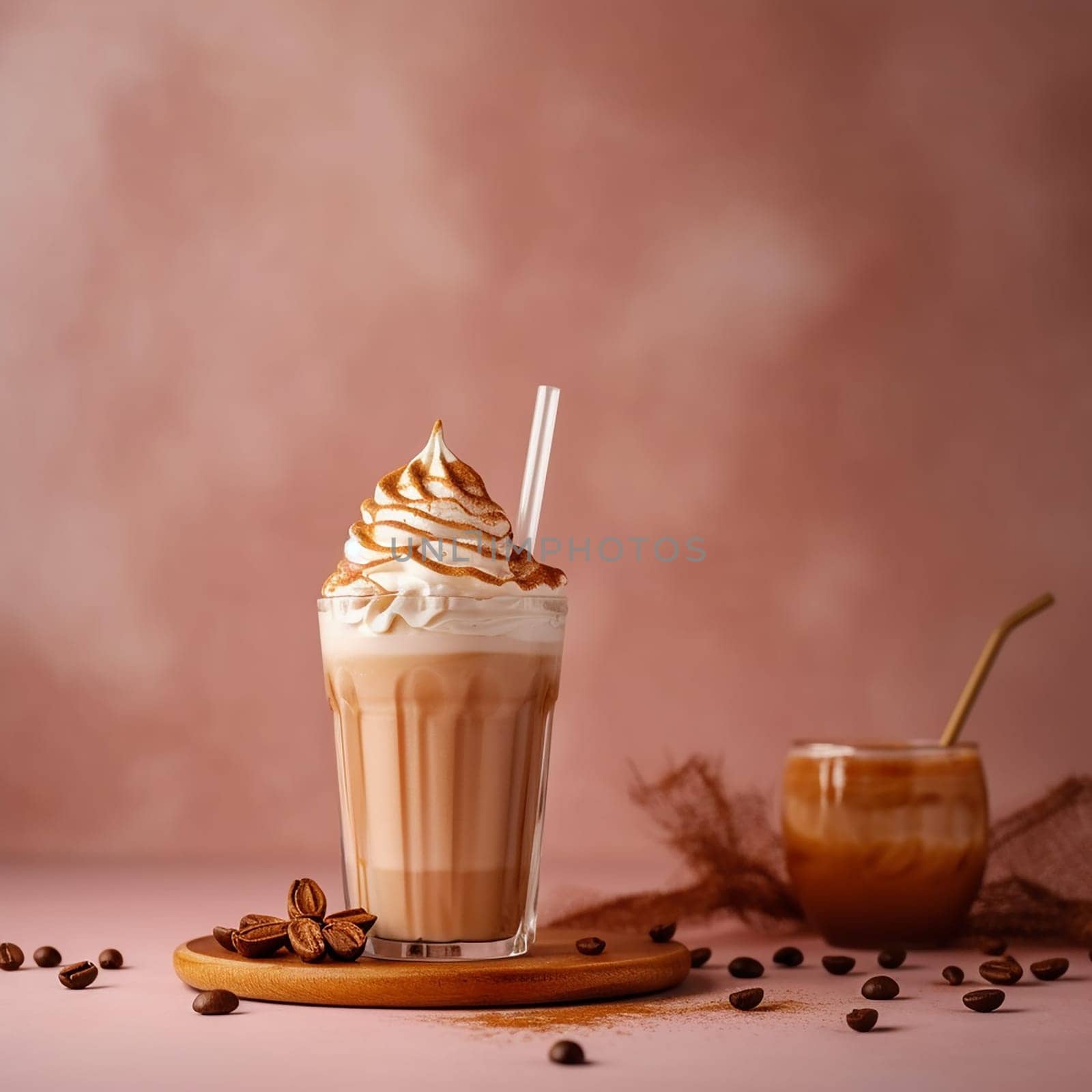 A caramel-flavored drink topped with whipped cream in a glass on a wooden coaster, surrounded by coffee beans.