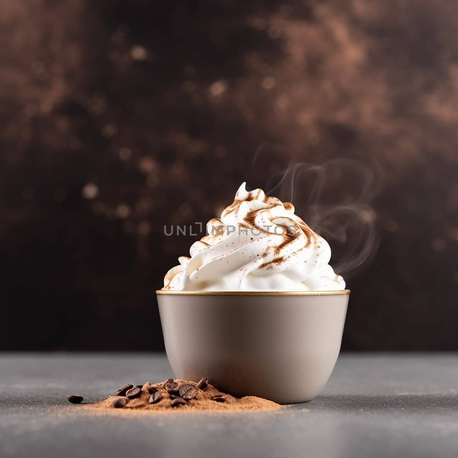A warm cup of coffee topped with creamy whipped cream and sprinkled cocoa