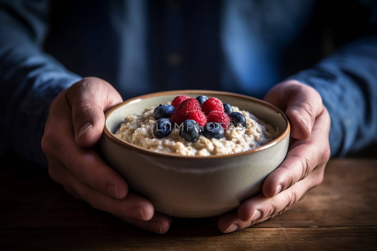Hands holding a bowl of oatmeal topped with fresh berries.