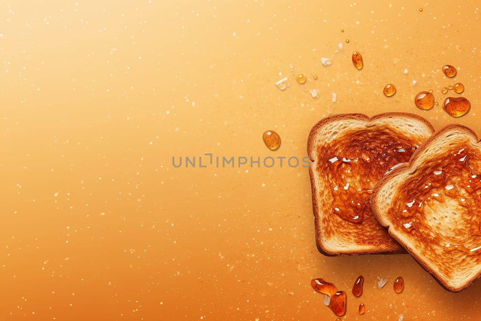 Toasted bread with honey splashes on golden background