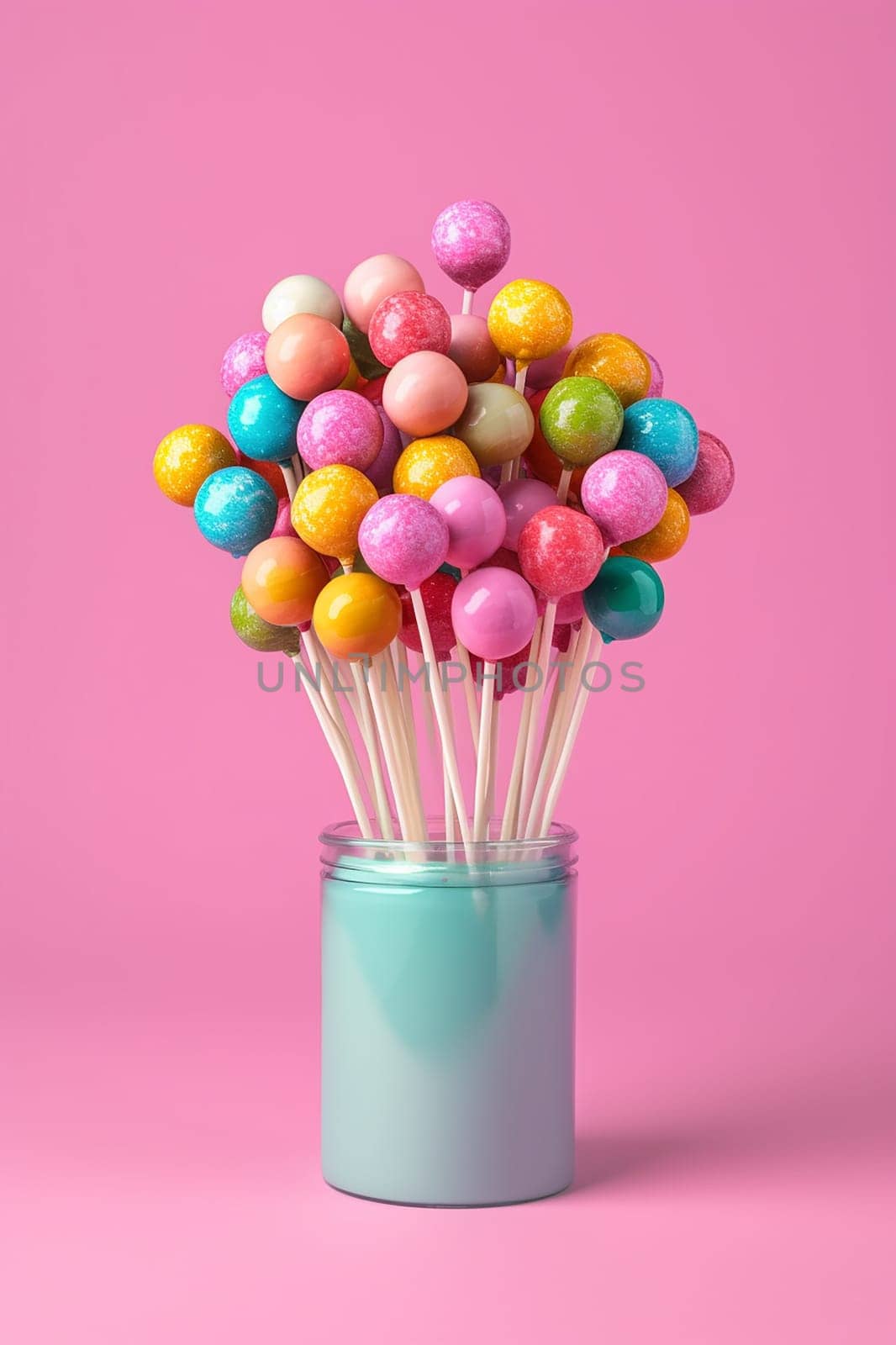 Colorful lollipop bouquet in a blue jar against pink background
