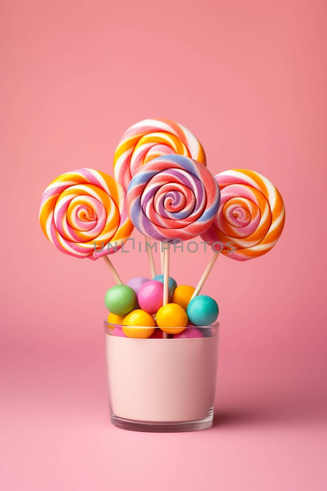 Colorful lollipops and candies in a container against a pink background