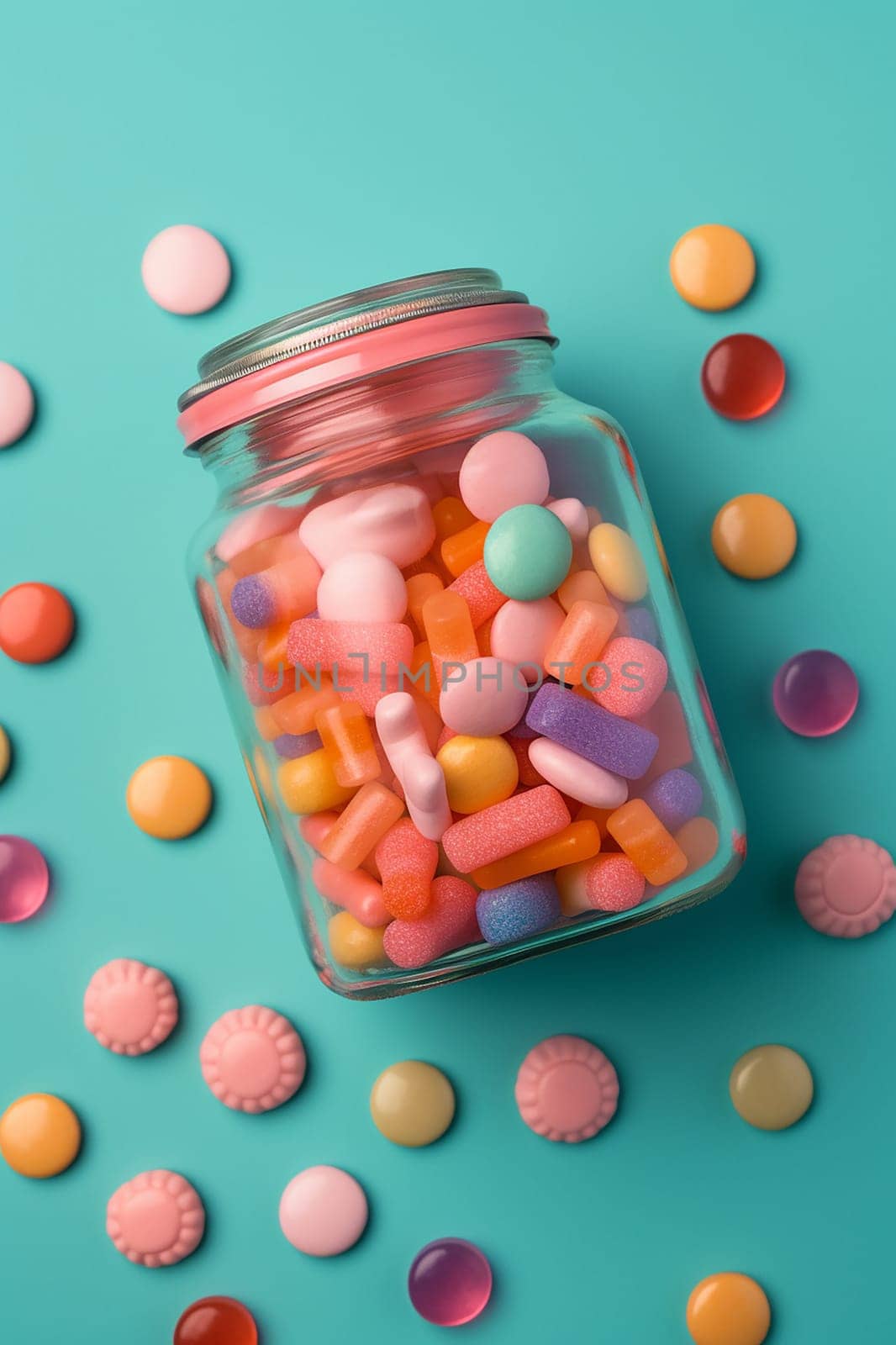 Colorful assorted candies in a clear jar against a teal background.