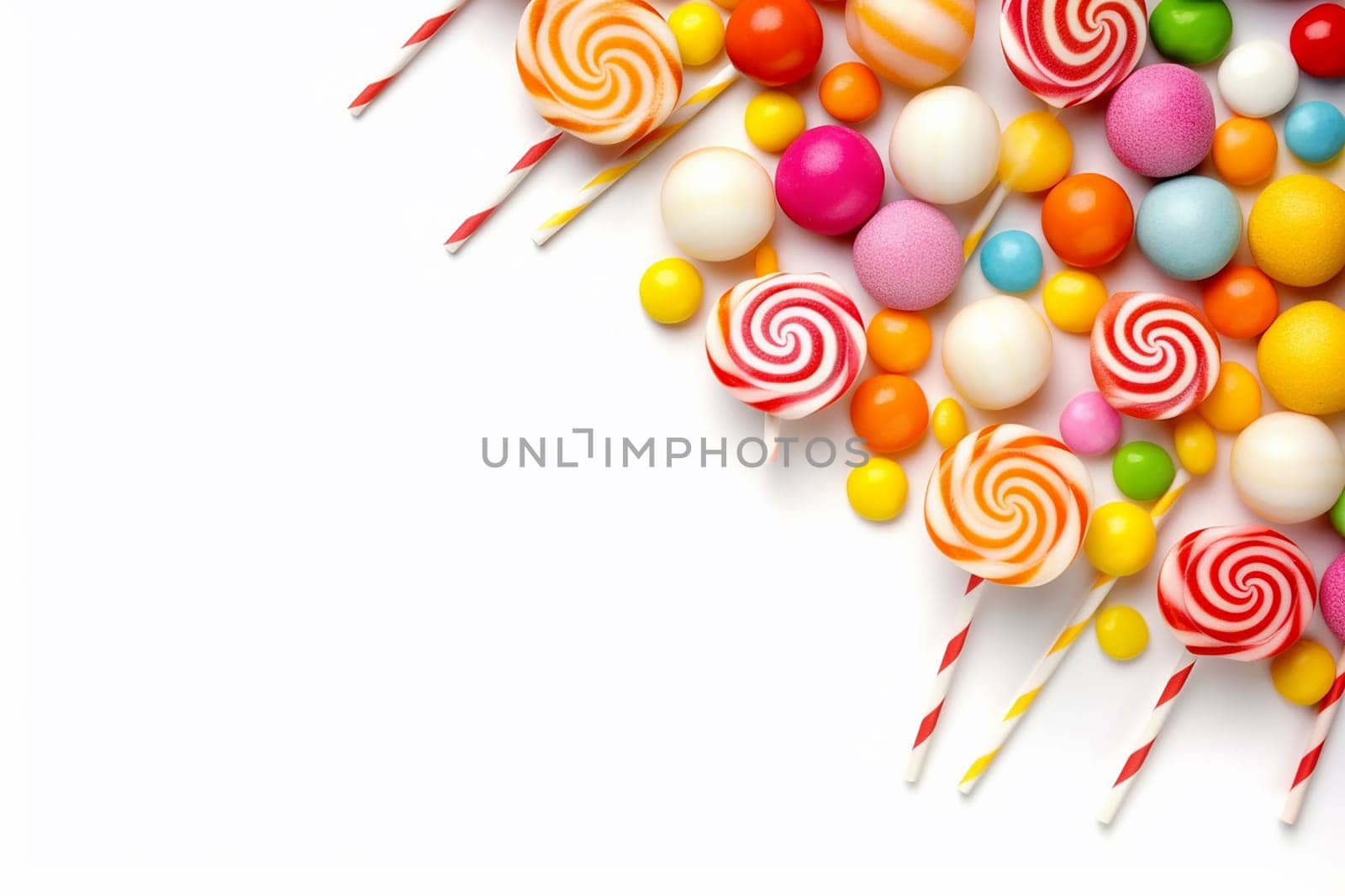 Assorted colorful candies and lollipops on a white background.
