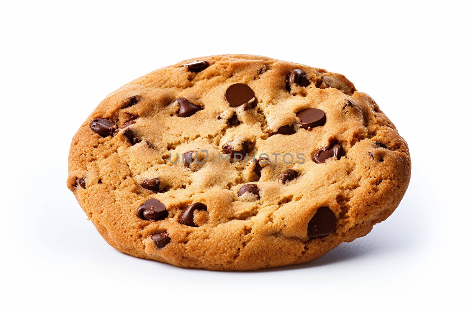 A single chocolate chip cookie isolated on white background.
