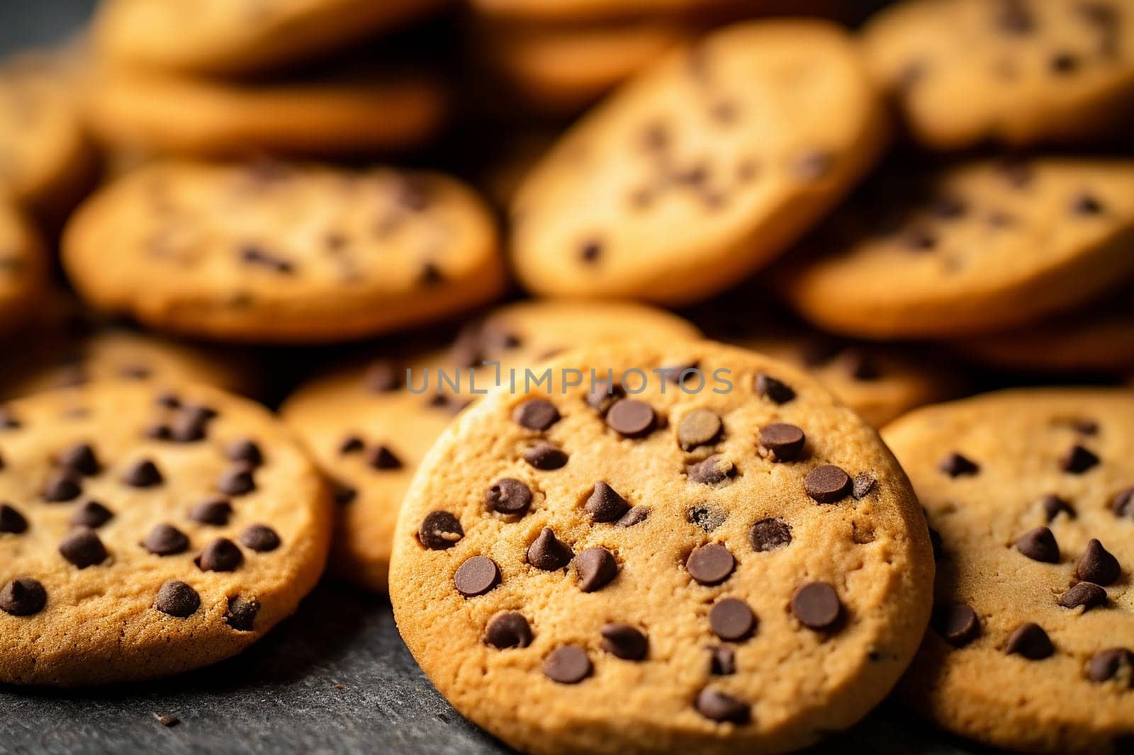 Close-up of chocolate chip cookies on a table.