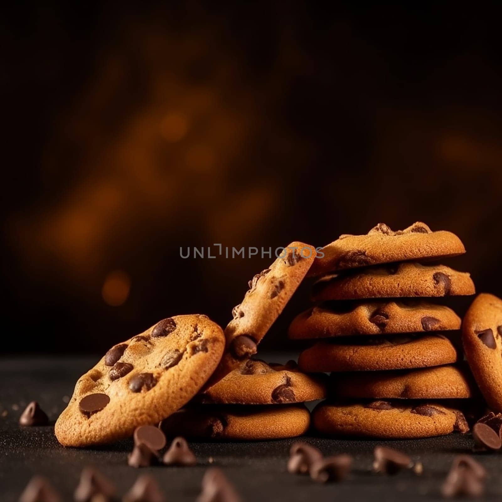 Stack of chocolate chip cookies, some broken, on dark backdrop.