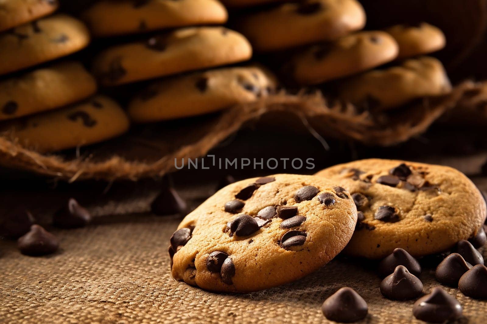 Chocolate chip cookies on a rustic background.