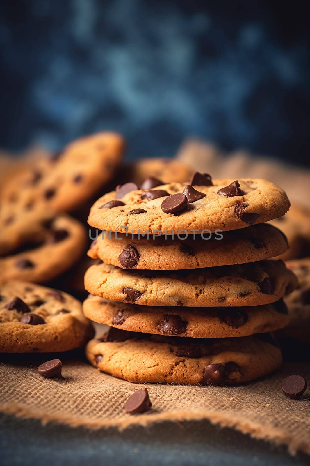 Stack of chocolate chip cookies on cloth with dark backdrop.
