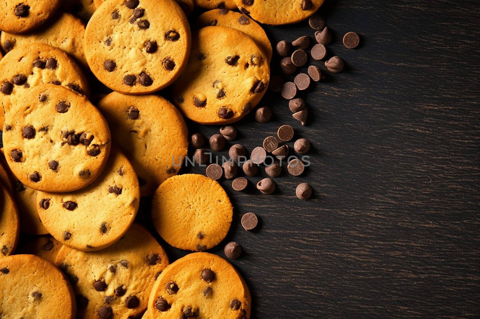 Chocolate chip cookies scattered with chocolate morsels on dark background