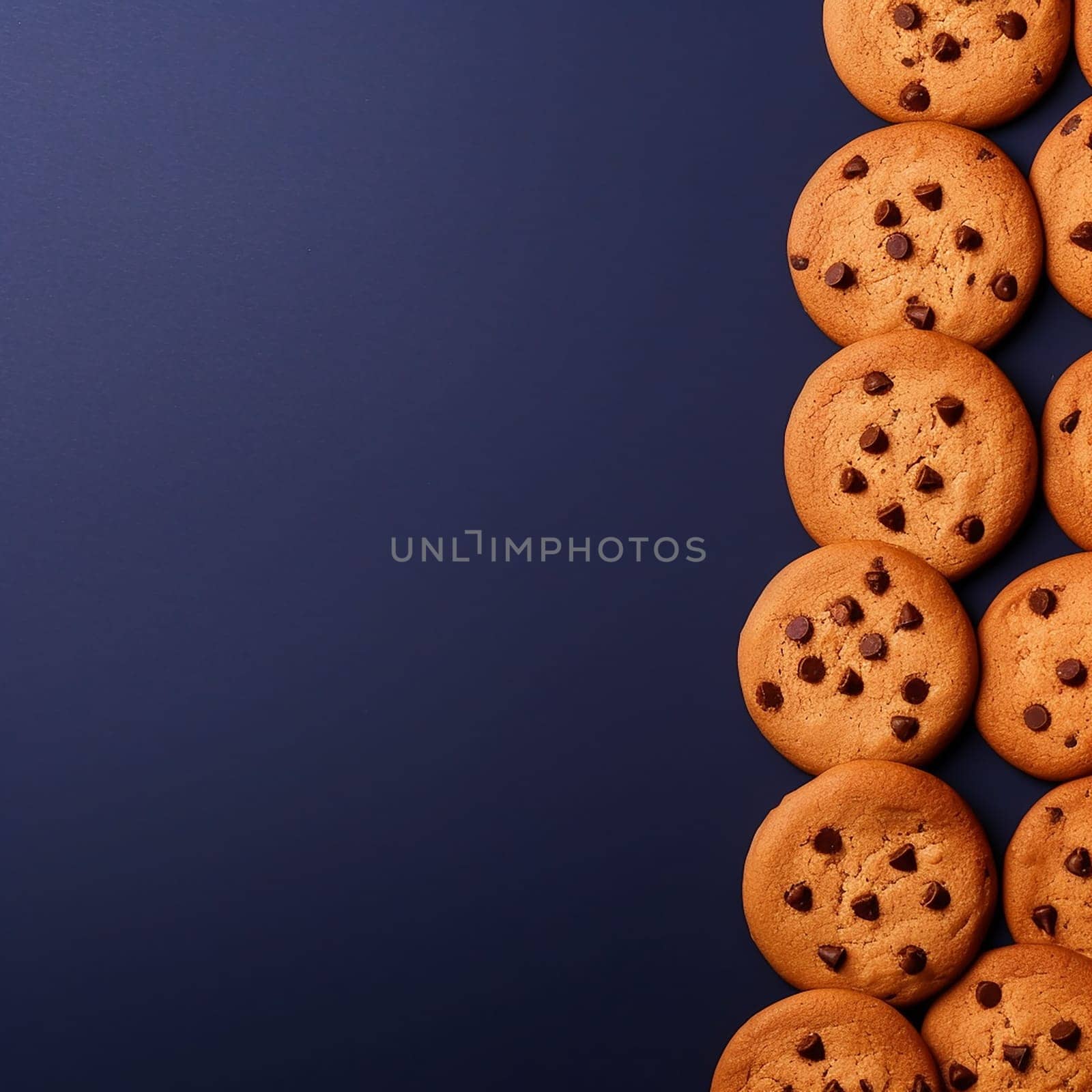 A group of chocolate chip cookies with scattered chips on a dark background