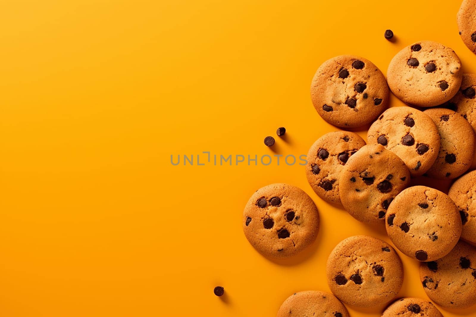 Chocolate chip cookies scattered with chocolate morsels on dark background by Hype2art