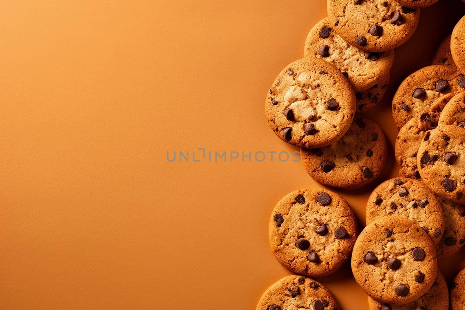 Chocolate chip cookies scattered with chocolate morsels on dark background by Hype2art
