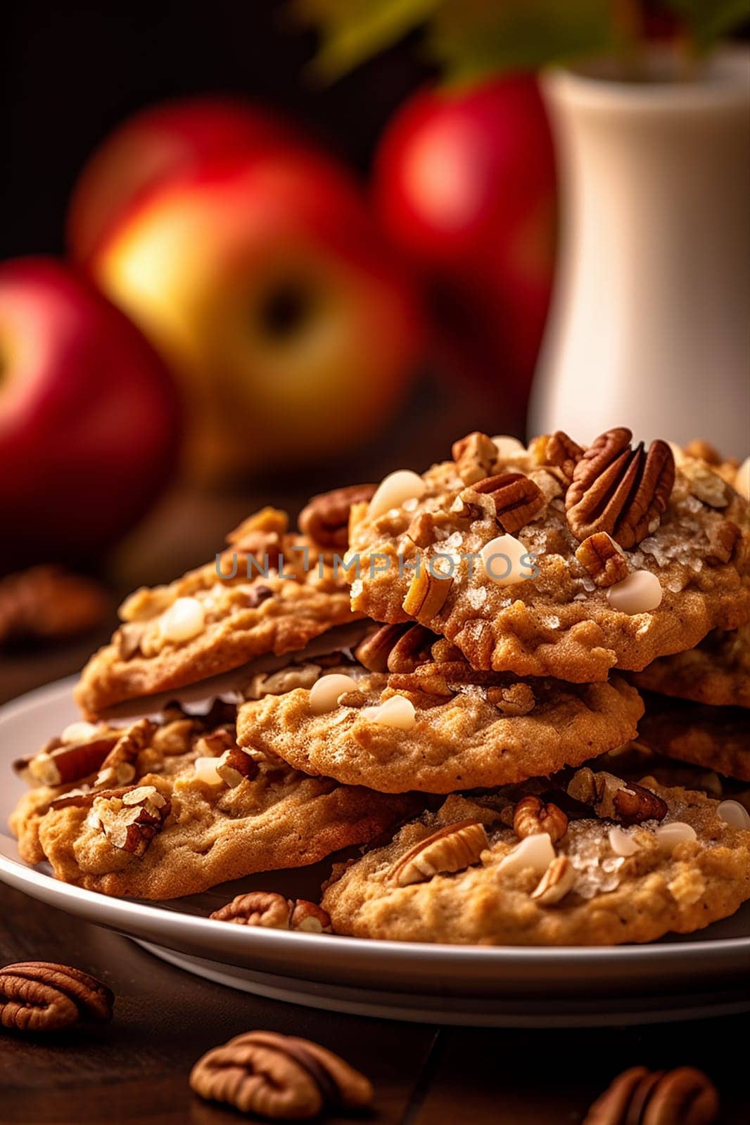 Caramel chip cookies scattered with nuts on dark background by Hype2art