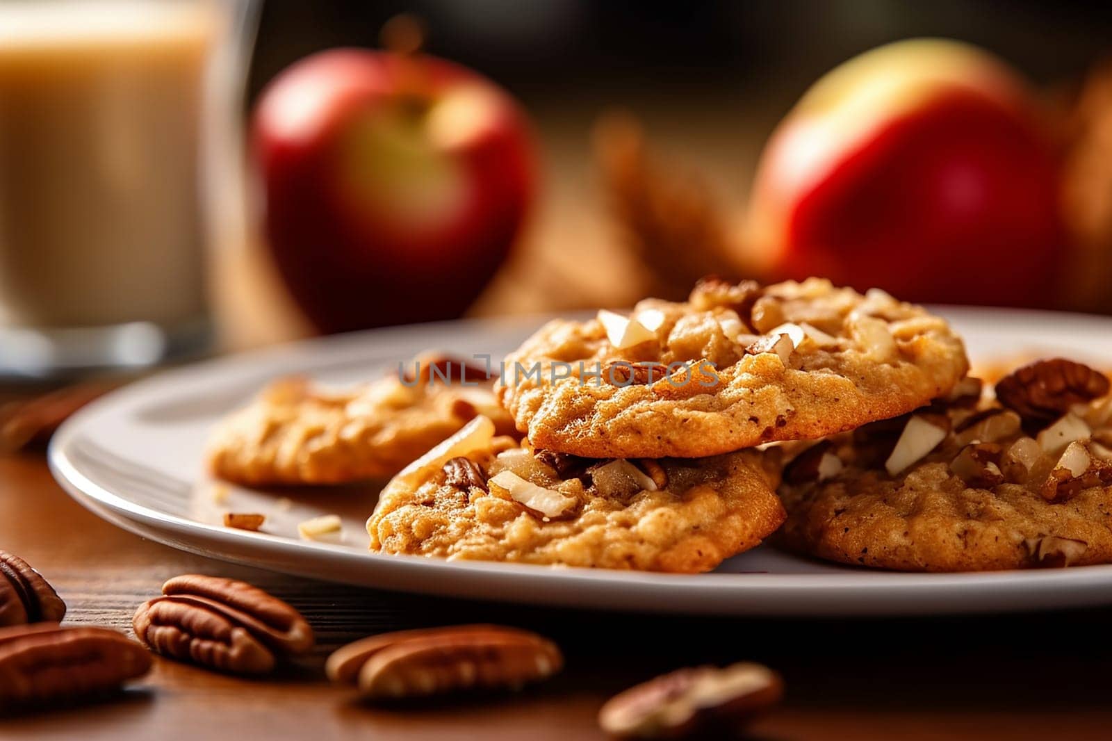 Caramel chip cookies scattered with nuts on dark background