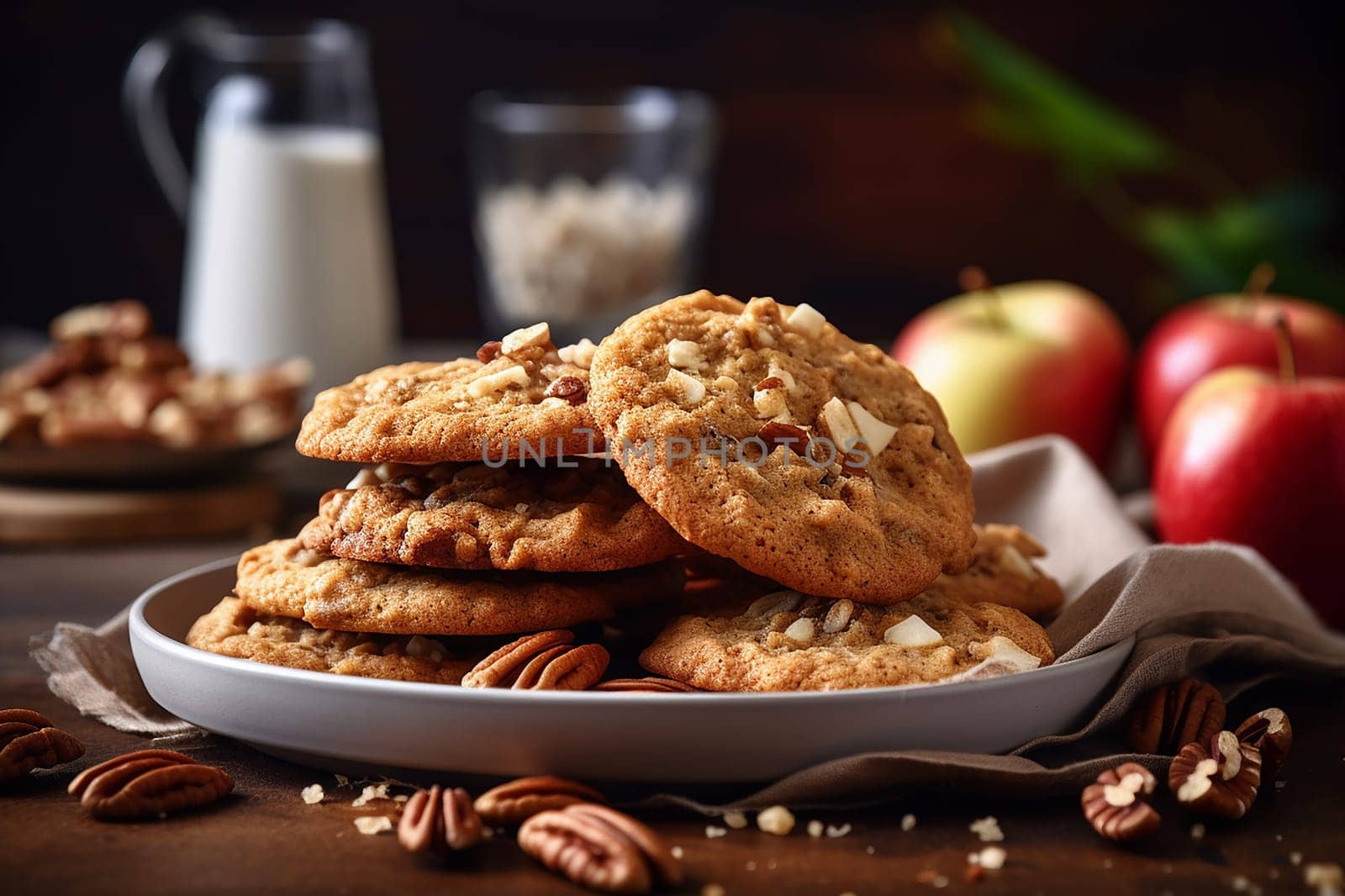 Chocolate chip cookies scattered with chocolate morsels on dark background