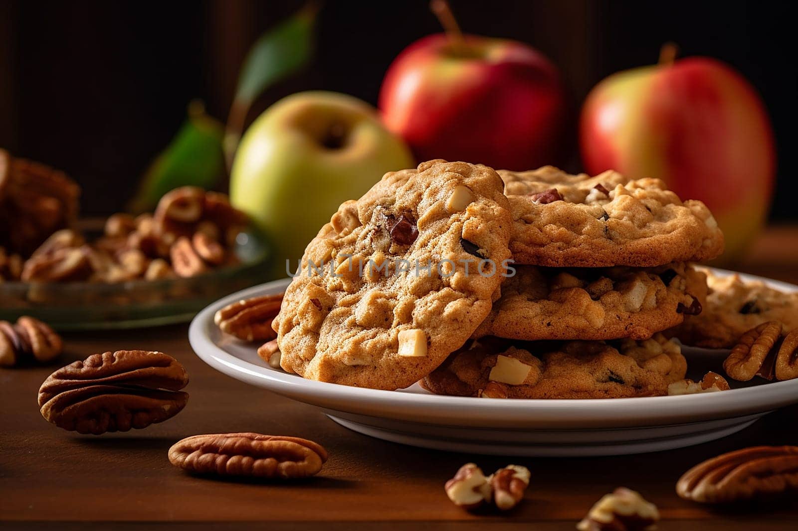 Chocolate chip cookies scattered with chocolate morsels on dark background by Hype2art