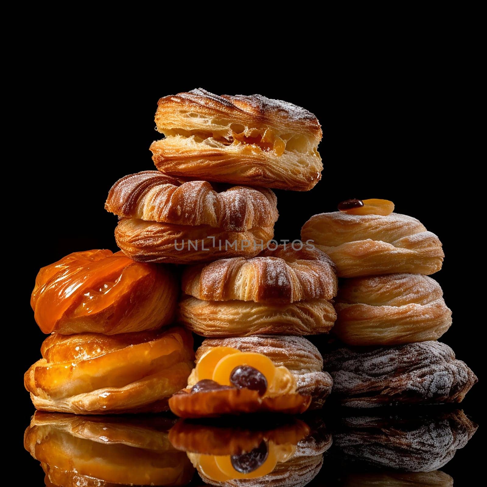 Assorted pastries stacked against a dark background, reflecting on a shiny surface.