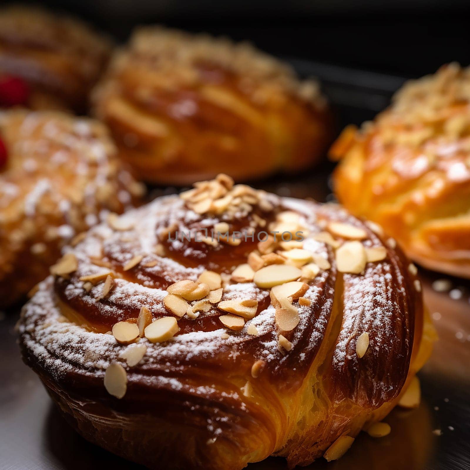 Freshly baked almond pastries with powdered sugar.