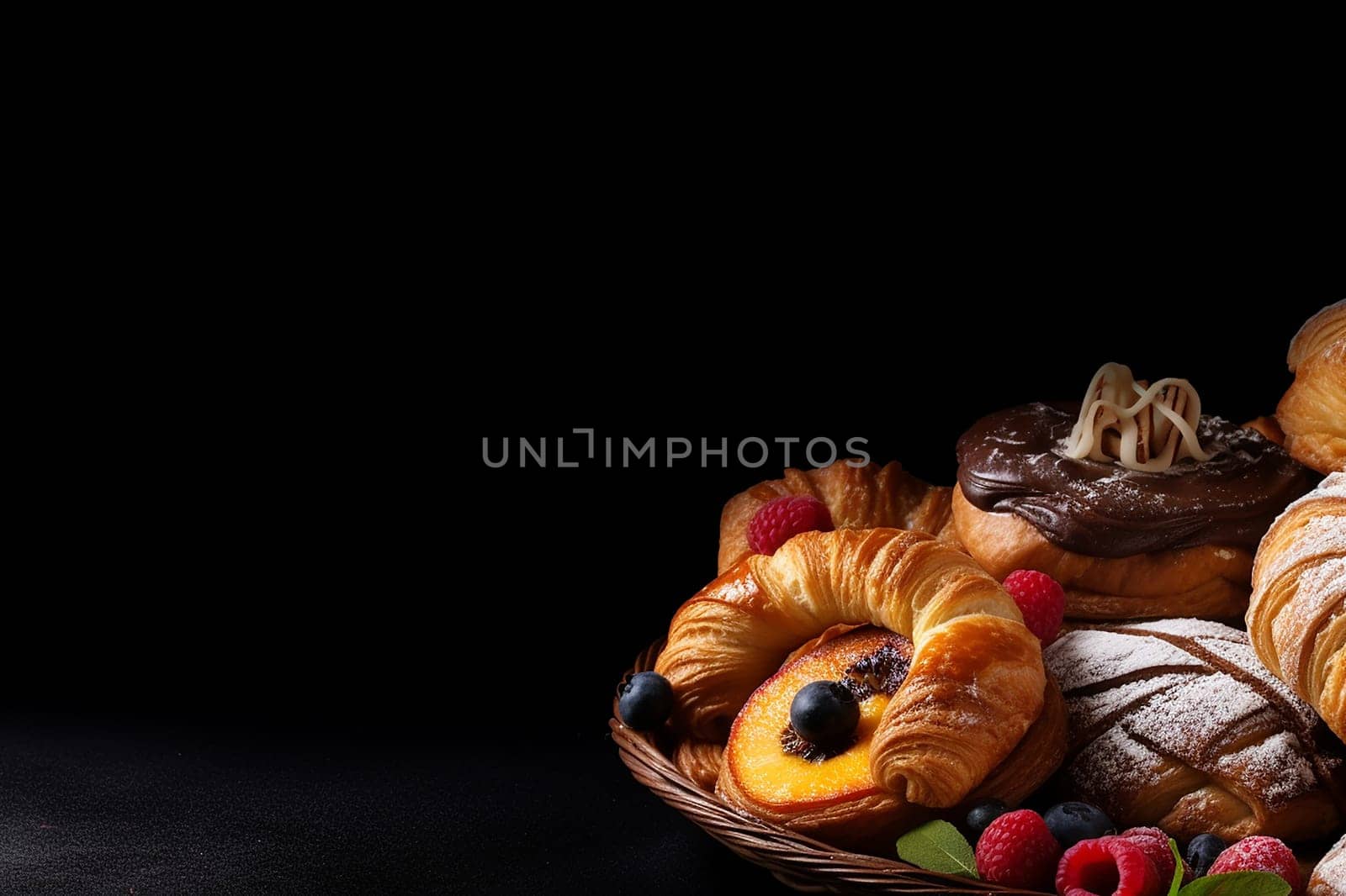 Assorted pastries with berries in a basket on a dark background