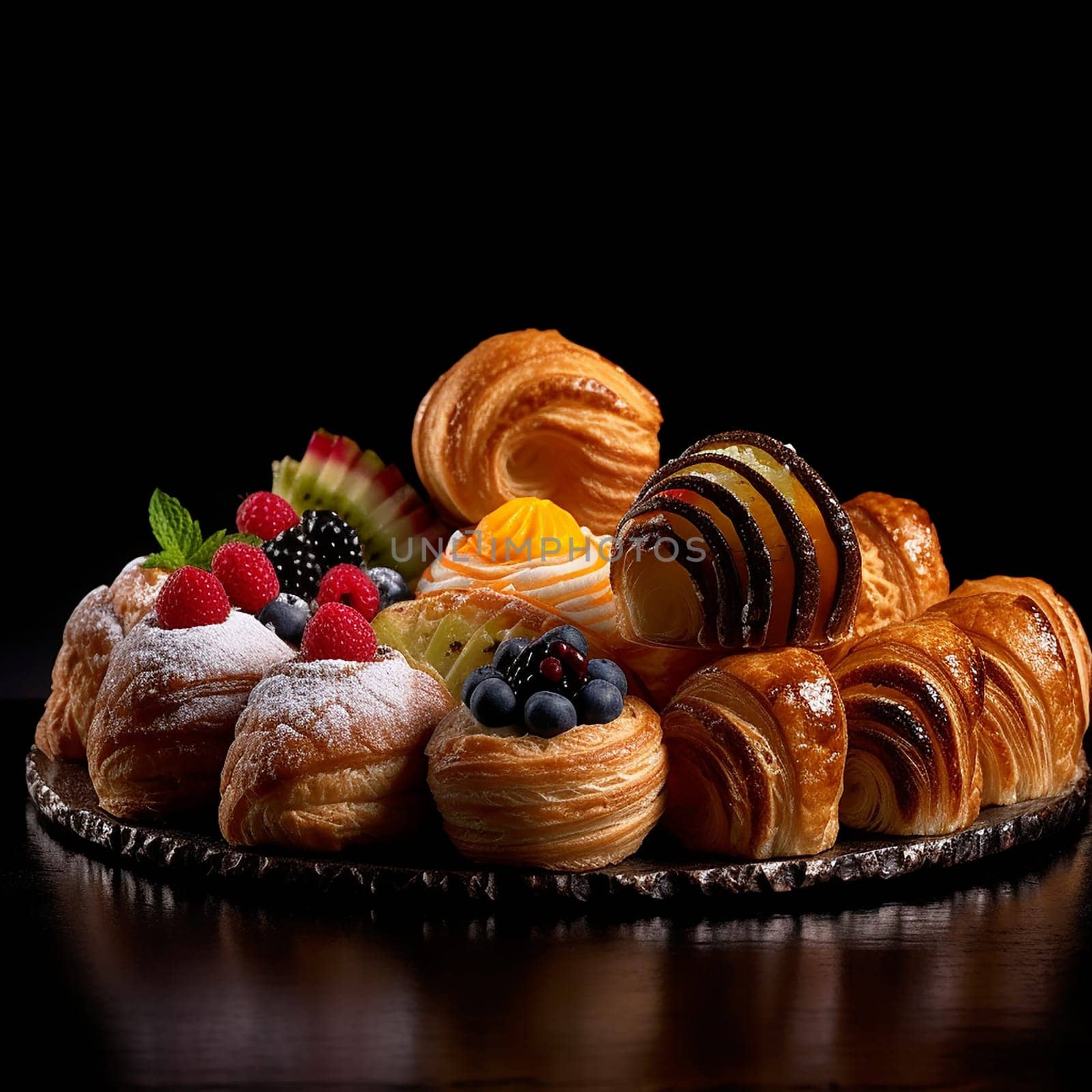 Assorted fresh pastries with fruits on dark background.