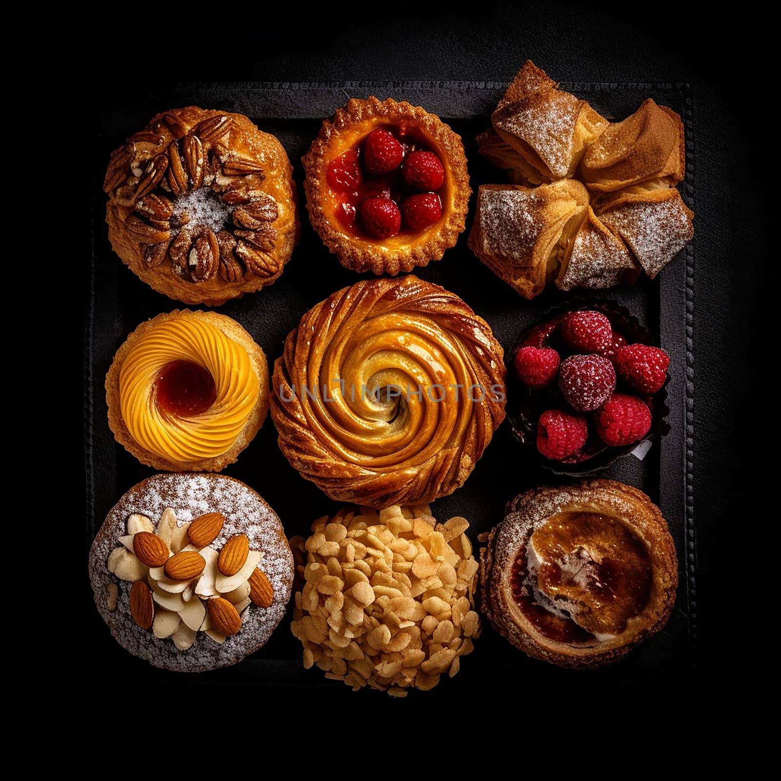 Assorted pastries on a dark background, includes nuts and fruits