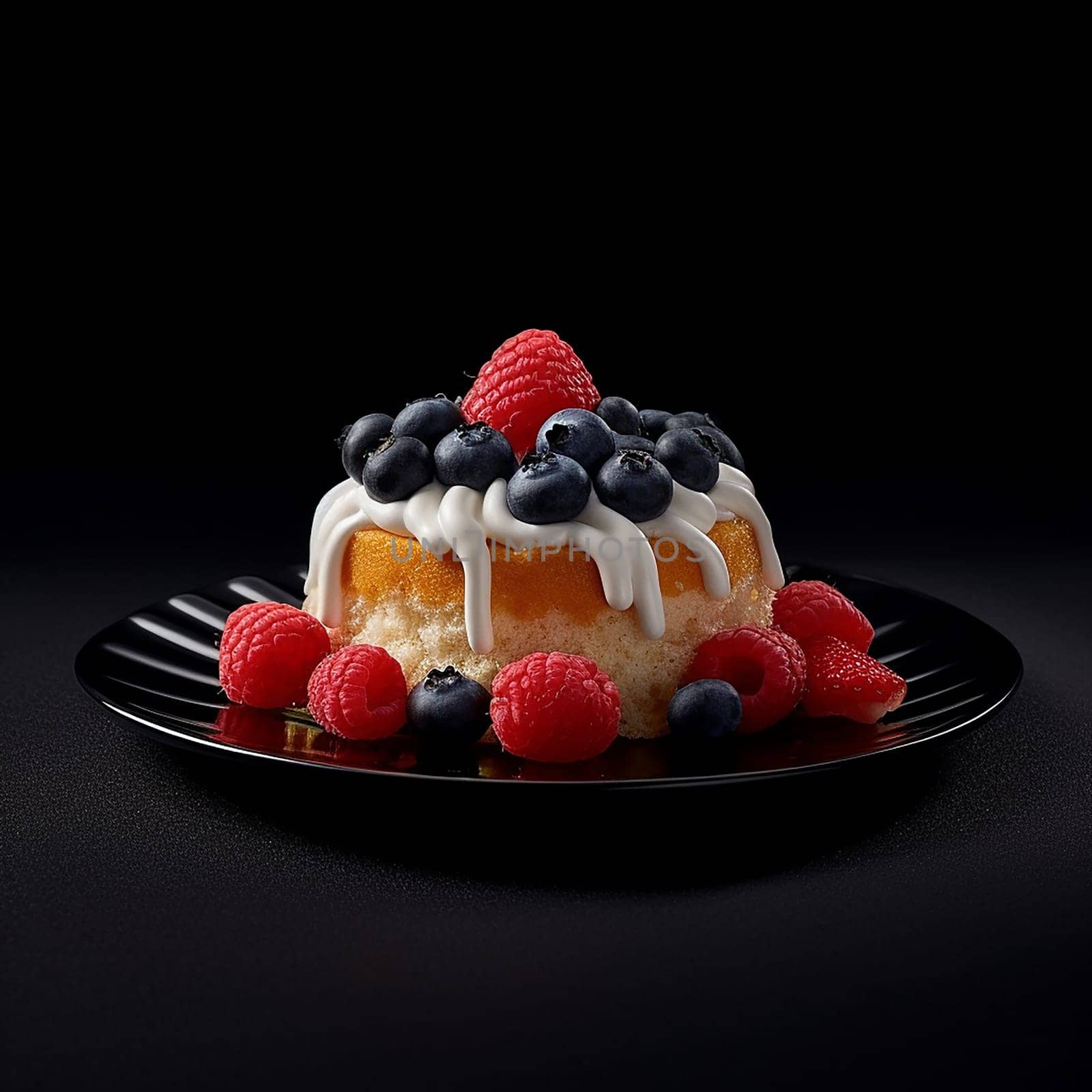Bundt cake topped with glaze and fresh berries on a dark plate.