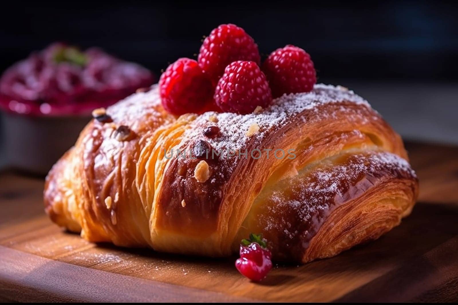A flaky croissant topped with sugar and raspberries on a wooden surface