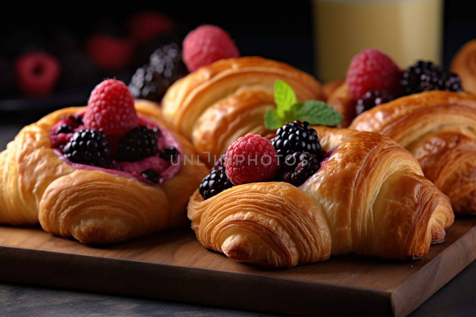 Freshly baked croissants with berries and a glass of juice.