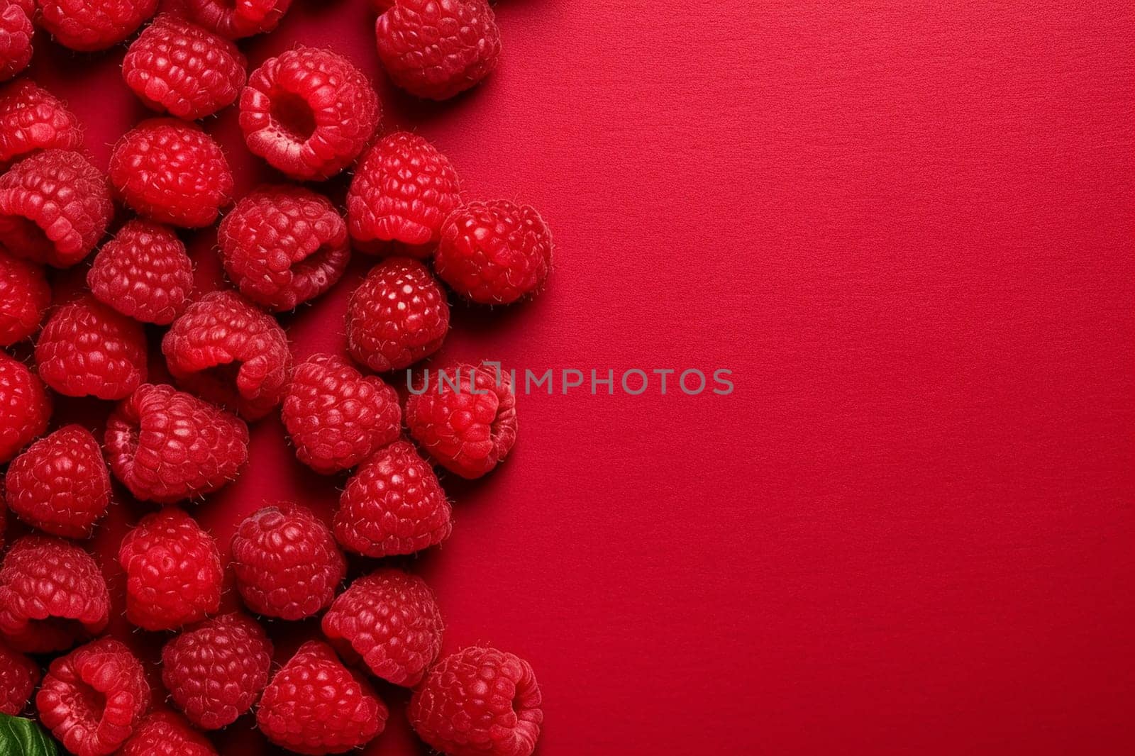 Raspberries arranged on a bright red background.