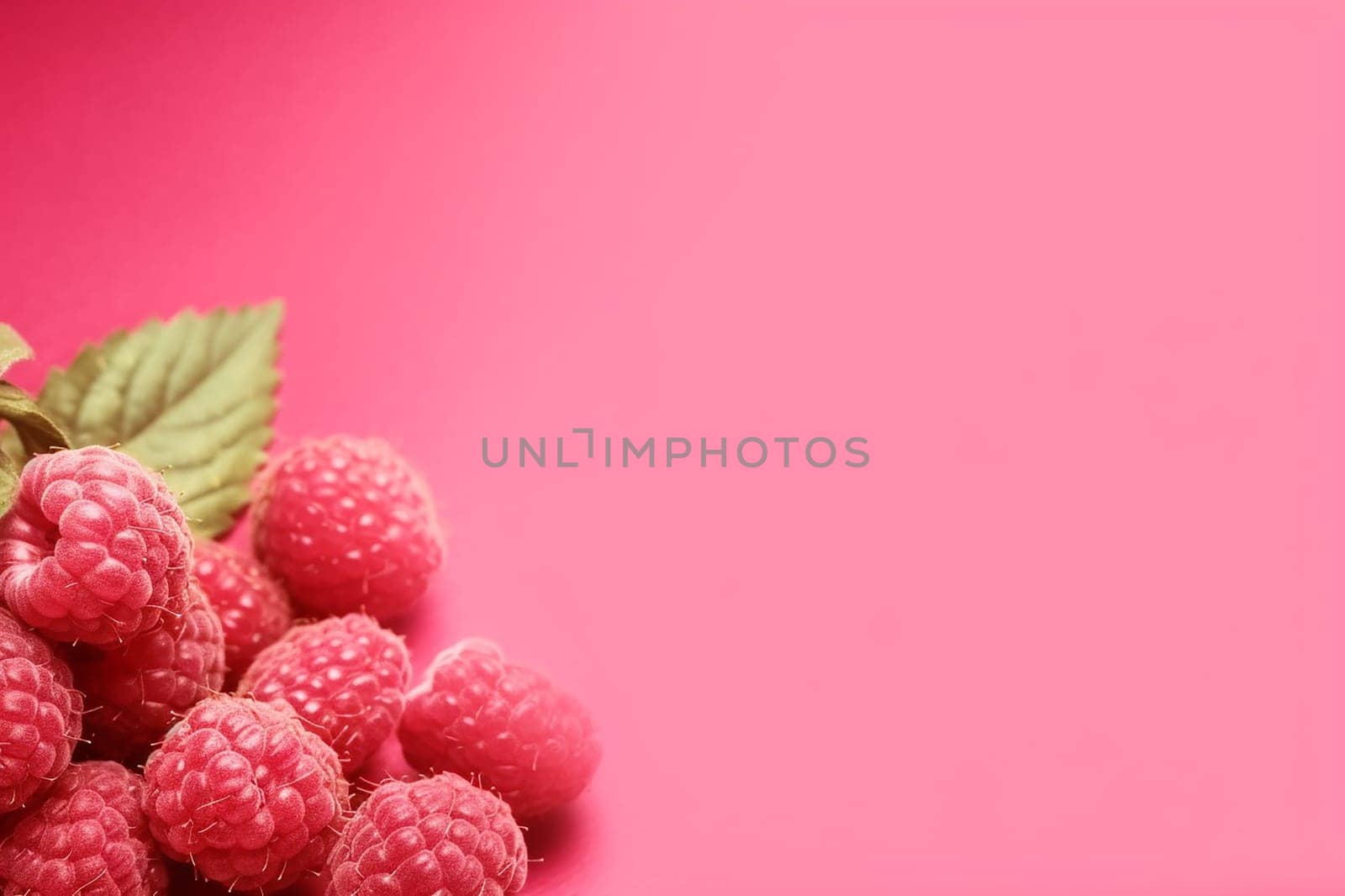 Fresh raspberries with green leaves on pink background