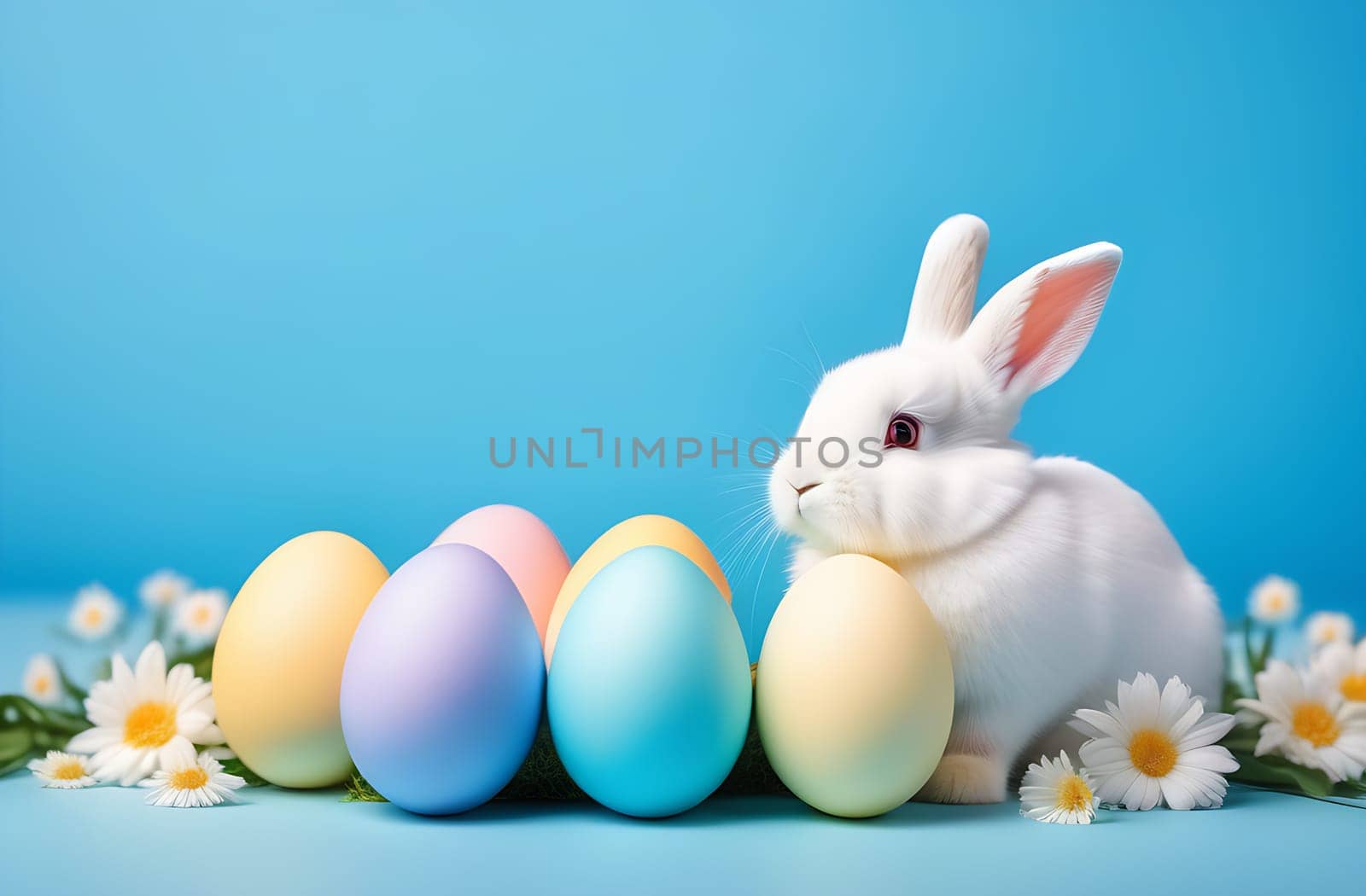 A small white fluffy rabbit sits near colorful Easter eggs and flowers on a blue background.