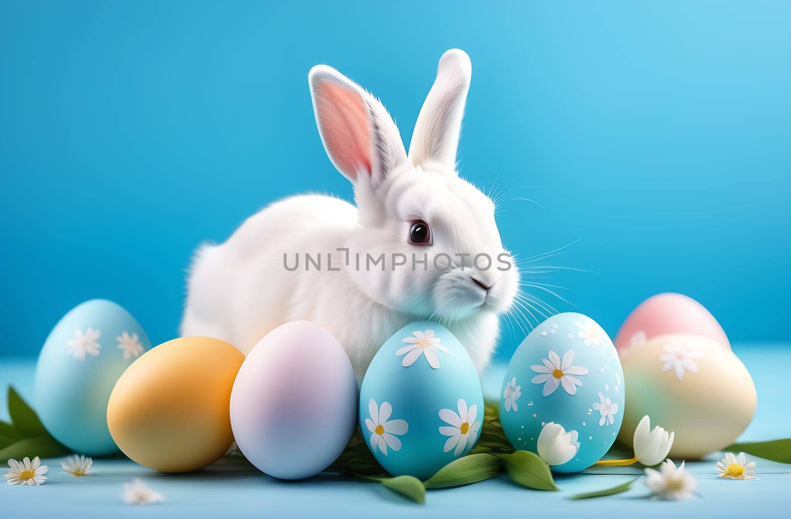 A small white fluffy rabbit sits near colorful Easter eggs and flowers on a blue background by claire_lucia