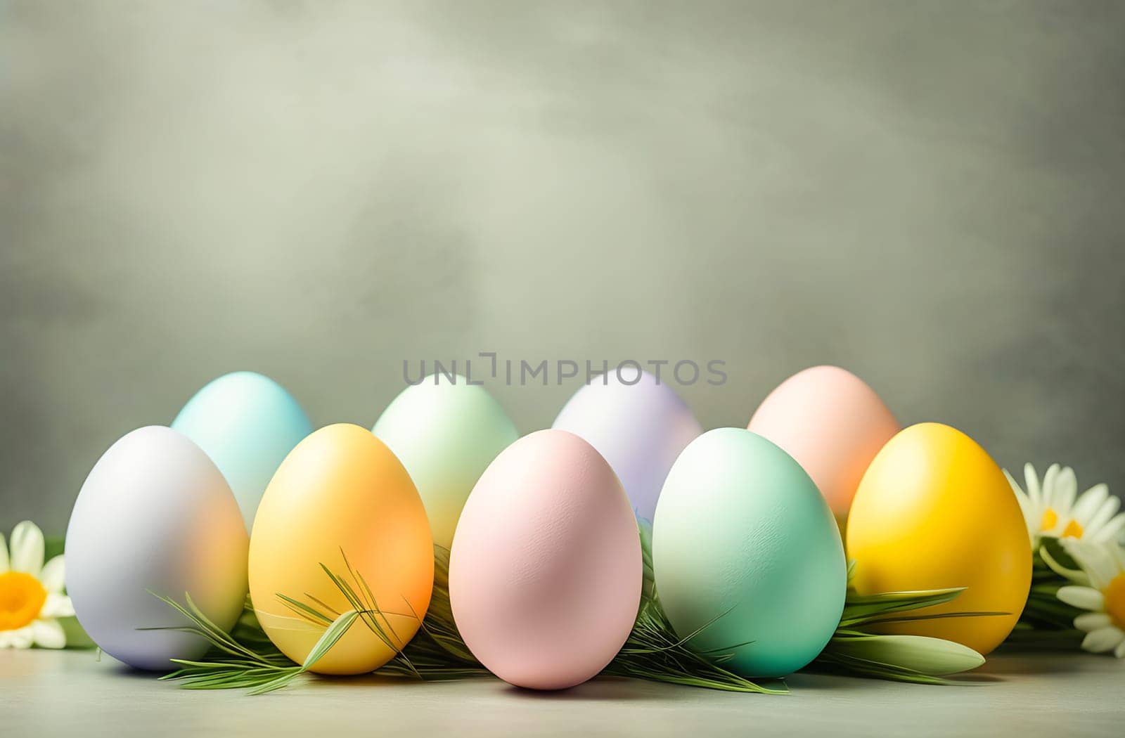 Multicolored painted eggs with delicate spring flowers on a light gray stone background. The concept of the Spring and Easter holiday with a copy space by claire_lucia