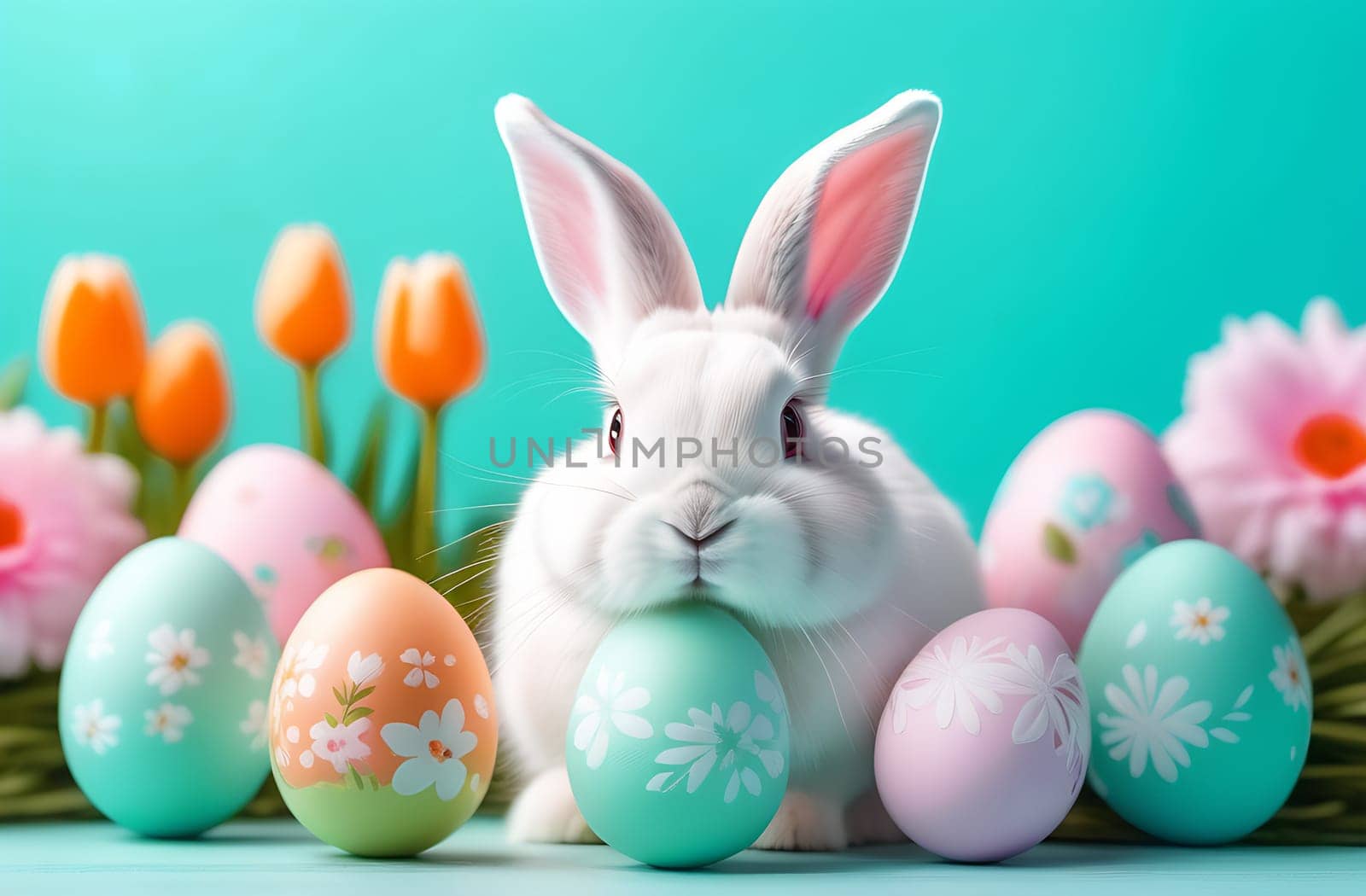 A small white fluffy rabbit sits near colorful Easter eggs and flowers on a blue background by claire_lucia