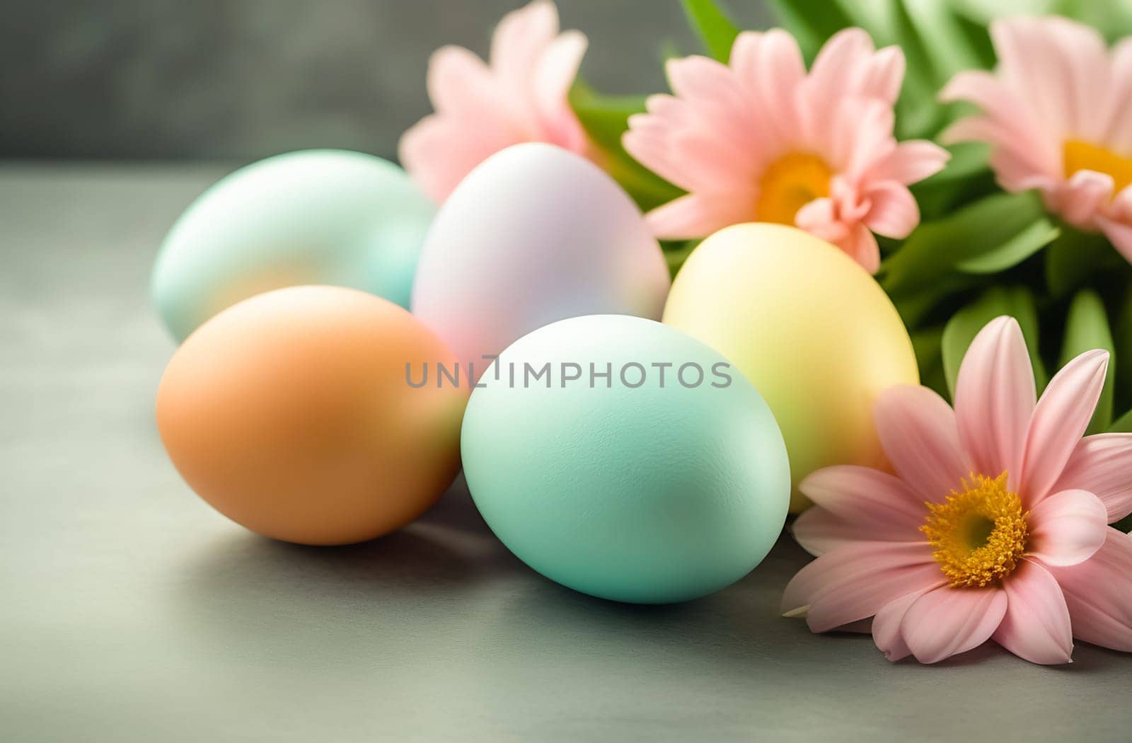 Multicolored painted eggs with delicate spring flowers on a light gray stone background. The concept of the Spring and Easter holiday with a copy space by claire_lucia
