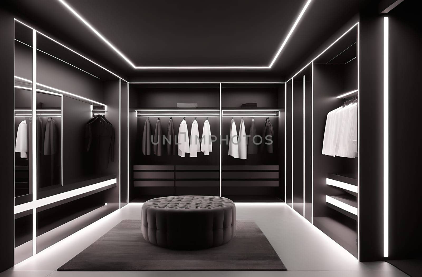 Luxurious elegant dressing room in black and white tones with glass doors with neon lighting in a spacious apartment with a stylish modern design by claire_lucia