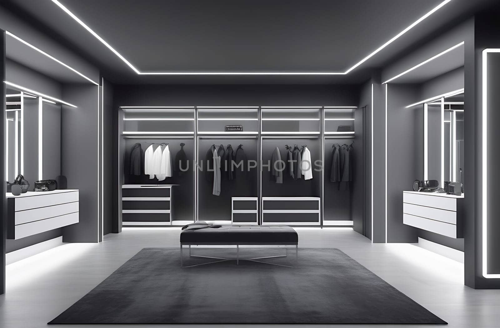 Luxurious elegant dressing room in black and white tones with glass doors with neon lighting in a spacious apartment with a stylish modern design.