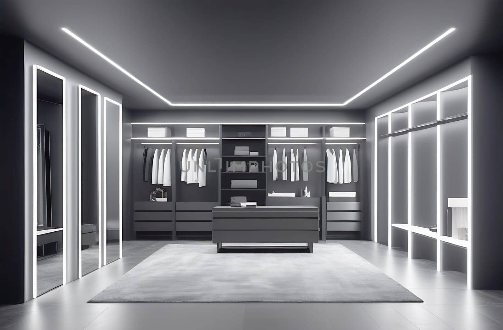 Luxurious elegant dressing room in black and white tones with glass doors with neon lighting in a spacious apartment with a stylish modern design.